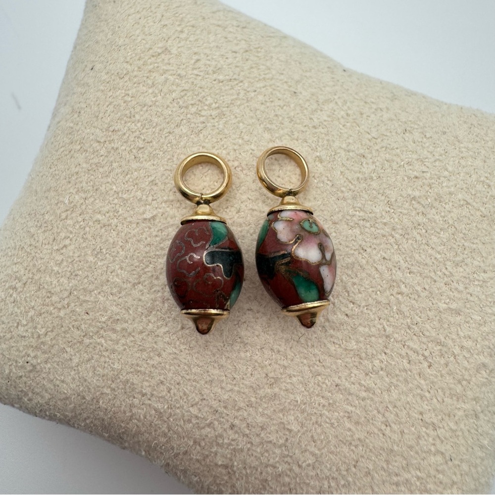 Vintage Cloisonné Floral Enamel Earring Charms Pair Gold Tone Dangles